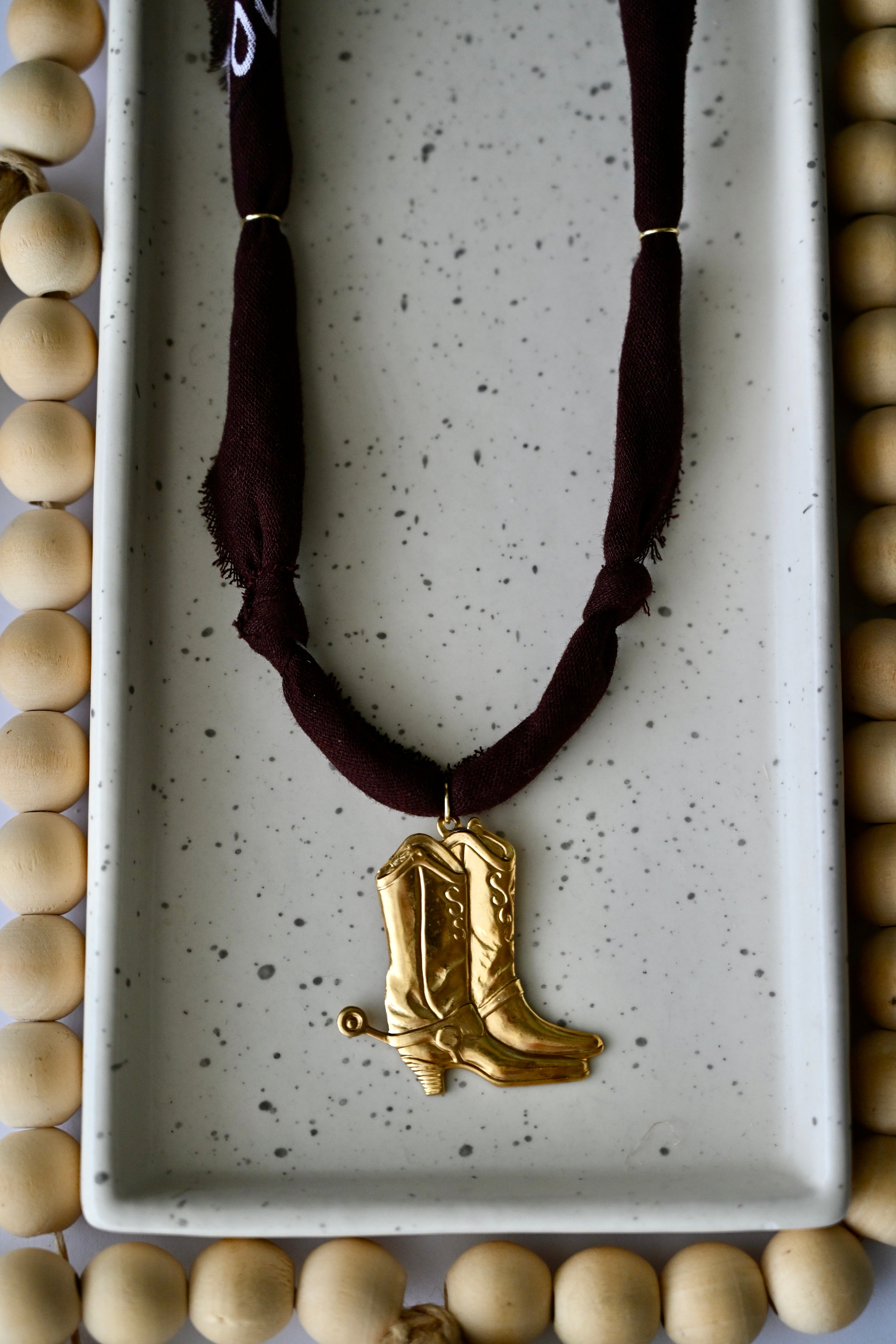 Bandana Charm Necklace | Western Boots | Dark Brown &amp; Brass
