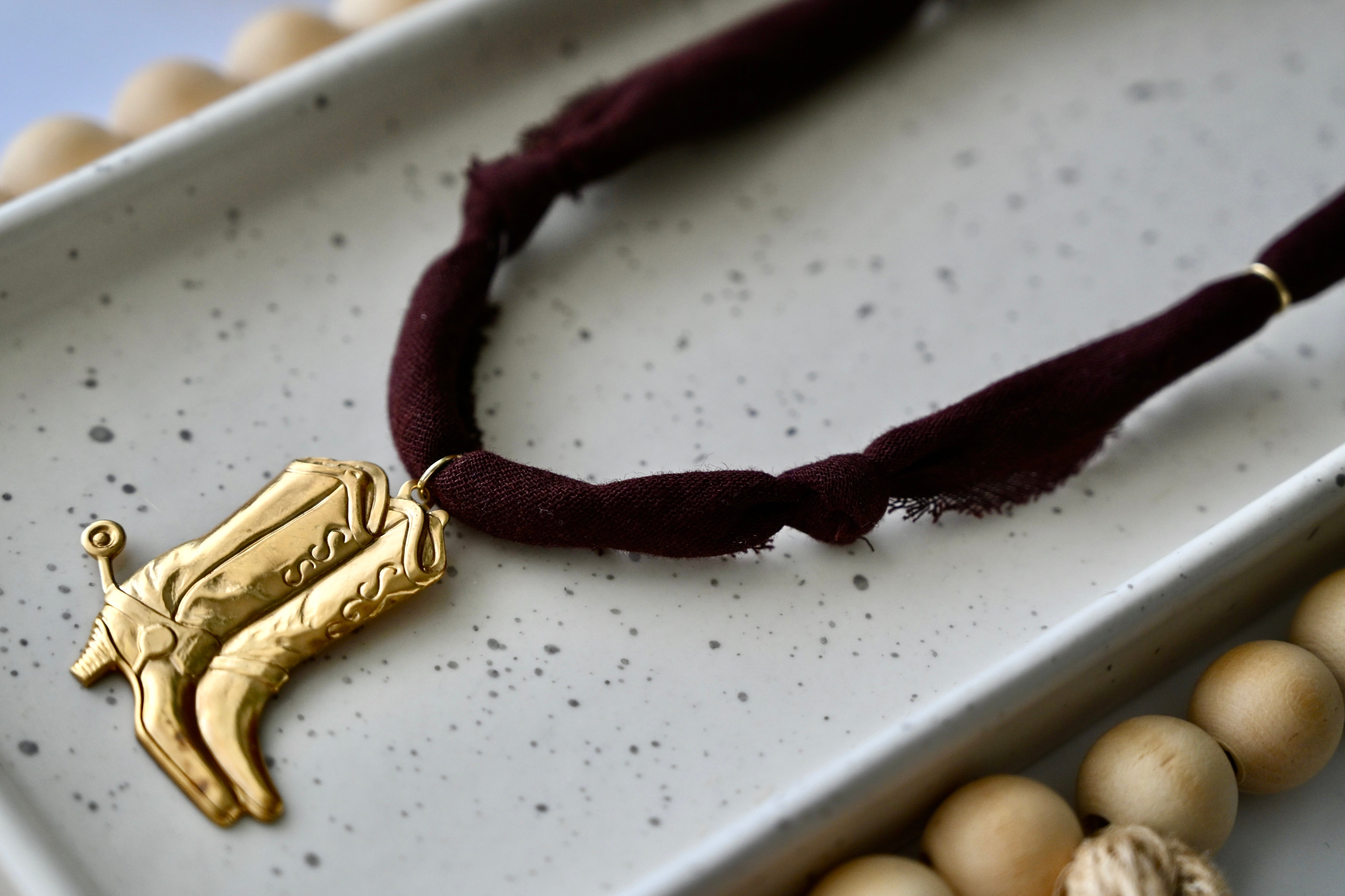 Bandana Charm Necklace | Western Boots | Dark Brown &amp; Brass