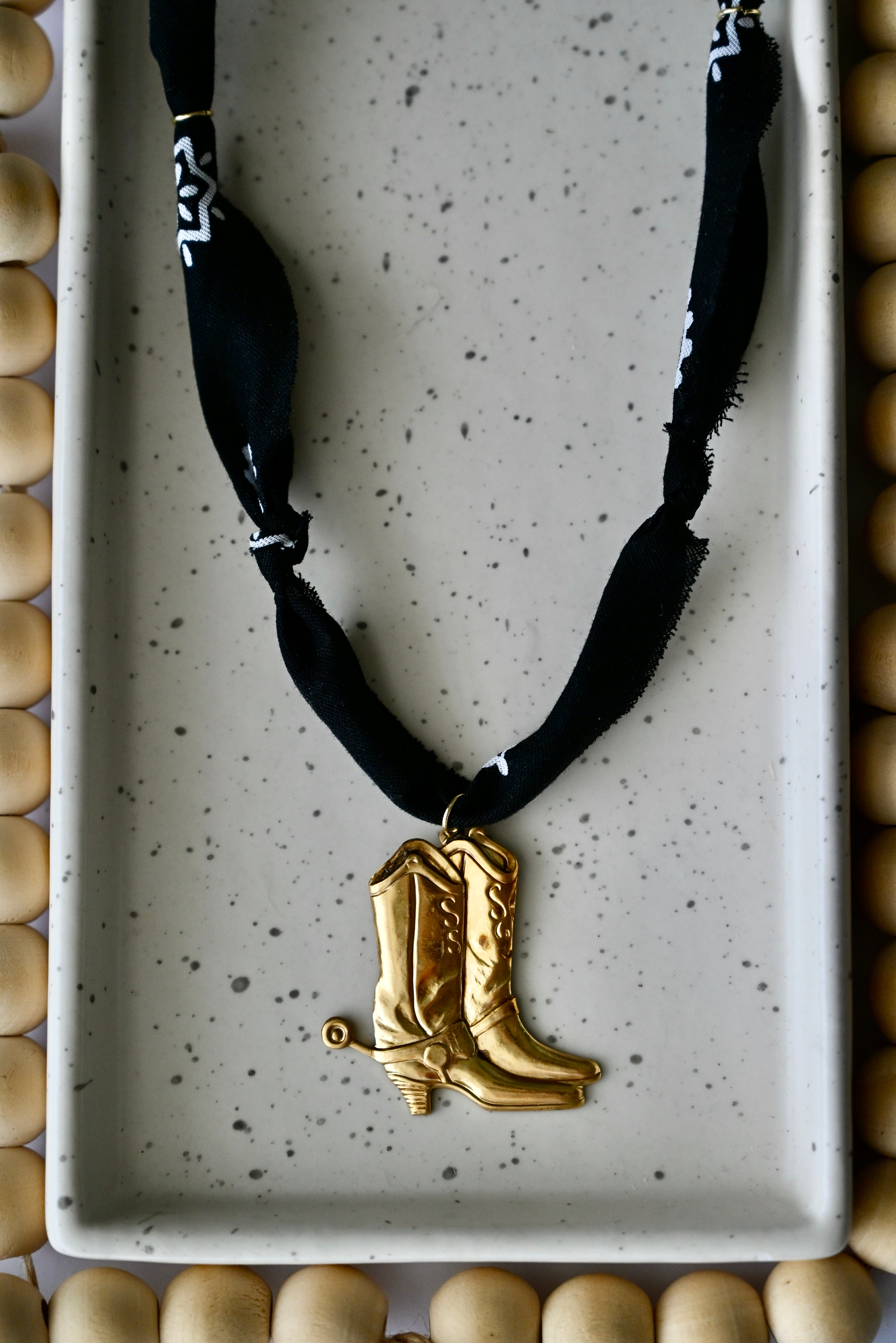 Bandana Charm Necklace | Western Boots | Black & Brass