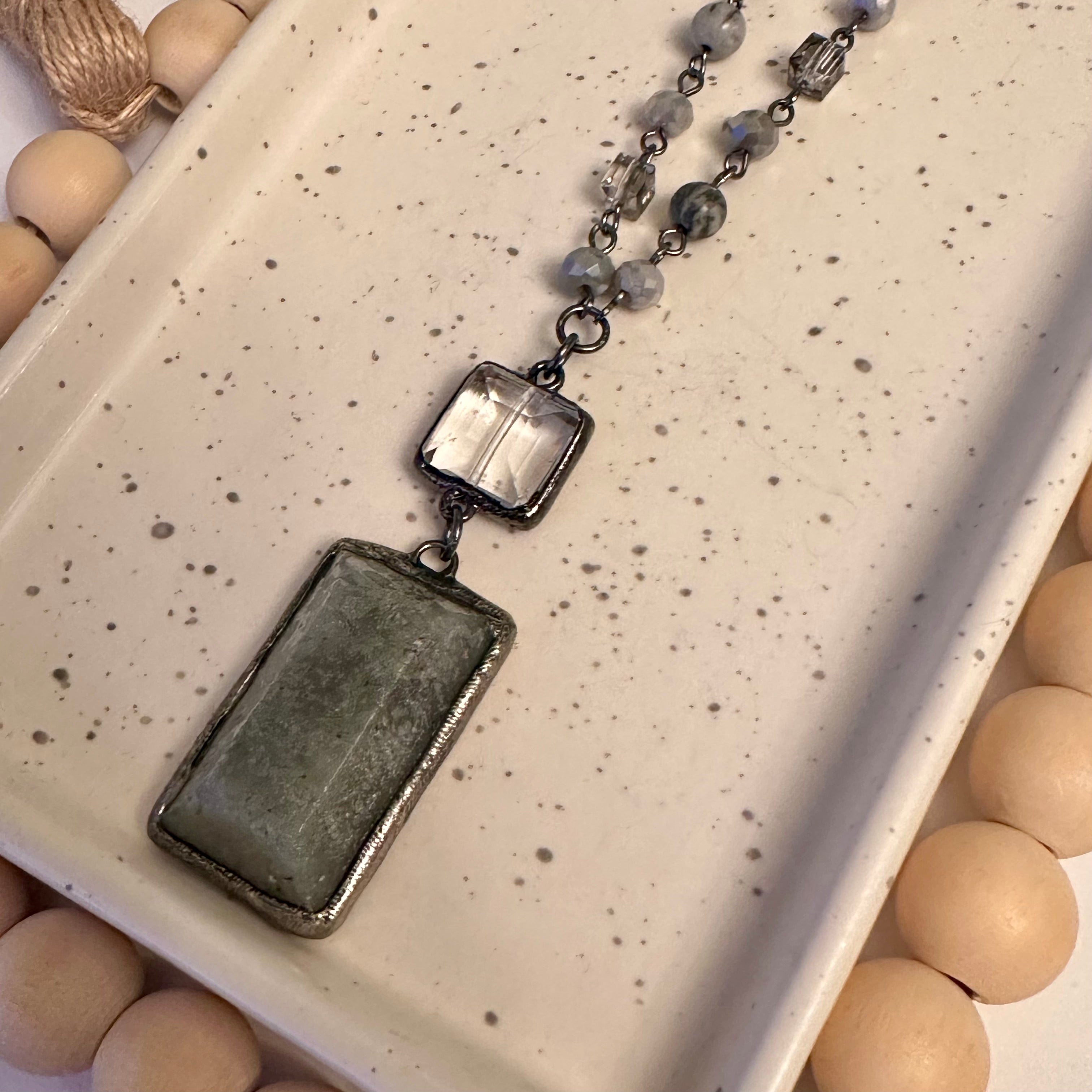 LABRADORITE AND CRYSTAL SOLDERED  LONG NECKLACE