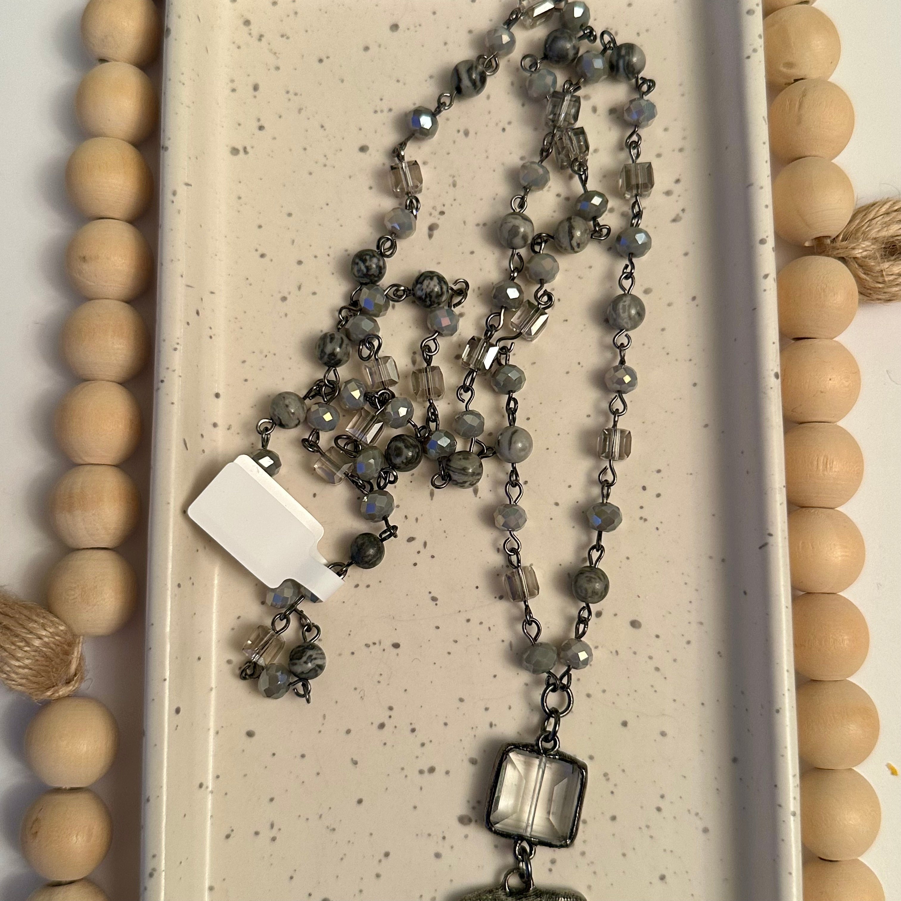 LABRADORITE AND CRYSTAL SOLDERED  LONG NECKLACE