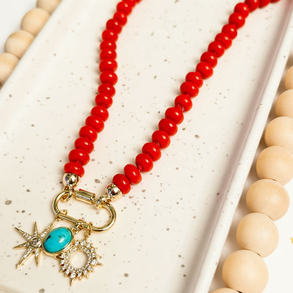 CHERRY RED RONDELLE HAND-KNOTTED NECKLACE | THREE CHARMS