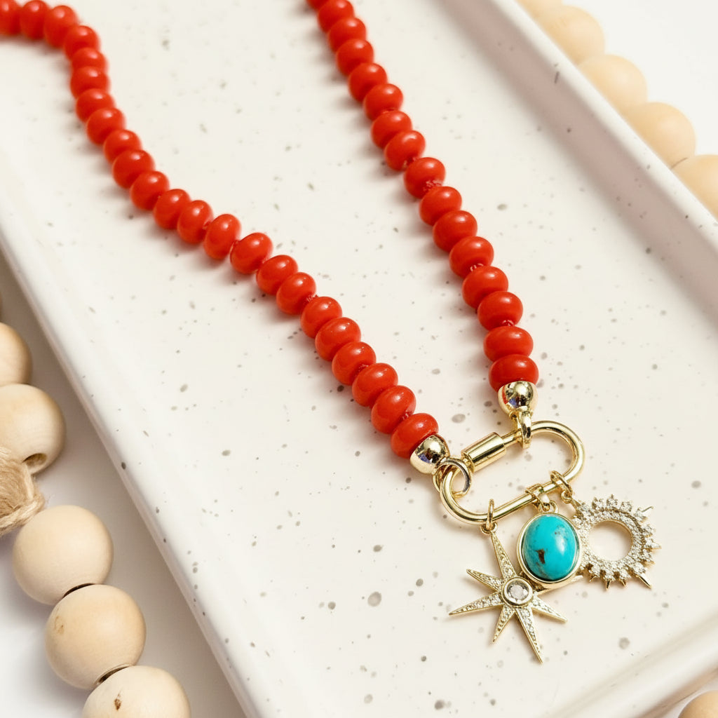 CHERRY RED RONDELLE HAND-KNOTTED NECKLACE | THREE CHARMS