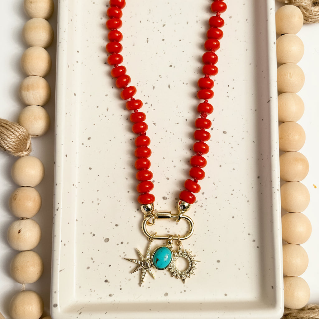 CHERRY RED RONDELLE HAND-KNOTTED NECKLACE | THREE CHARMS