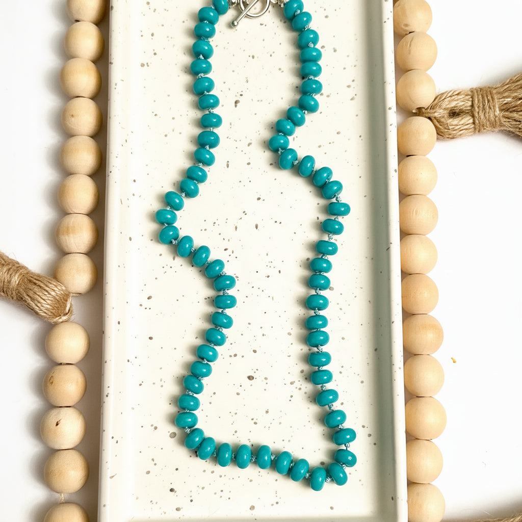 8MM TEAL RONDELLE HAND-KNOTTED NECKLACE