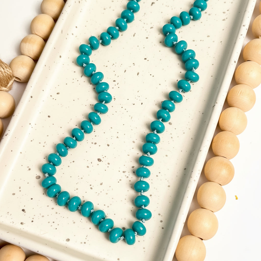 8MM TEAL RONDELLE HAND-KNOTTED NECKLACE