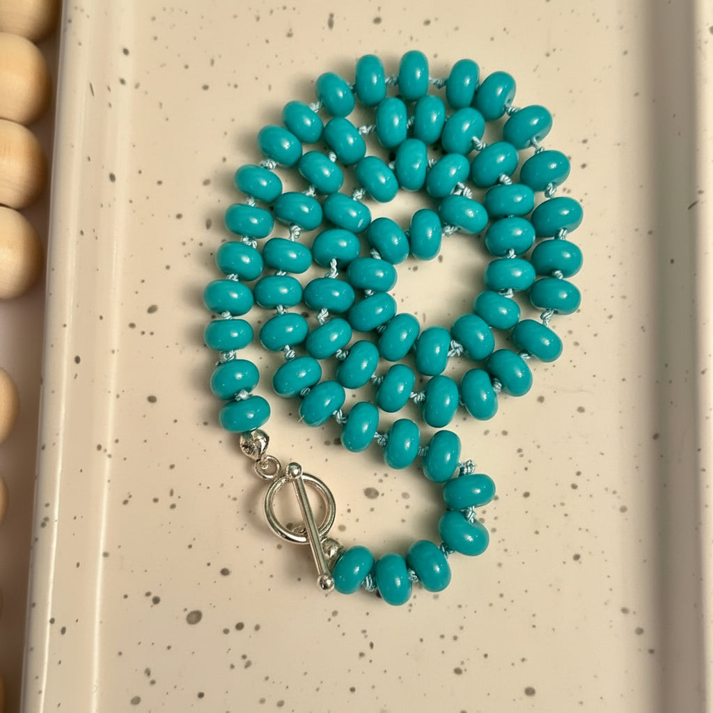 8MM TEAL RONDELLE HAND-KNOTTED NECKLACE