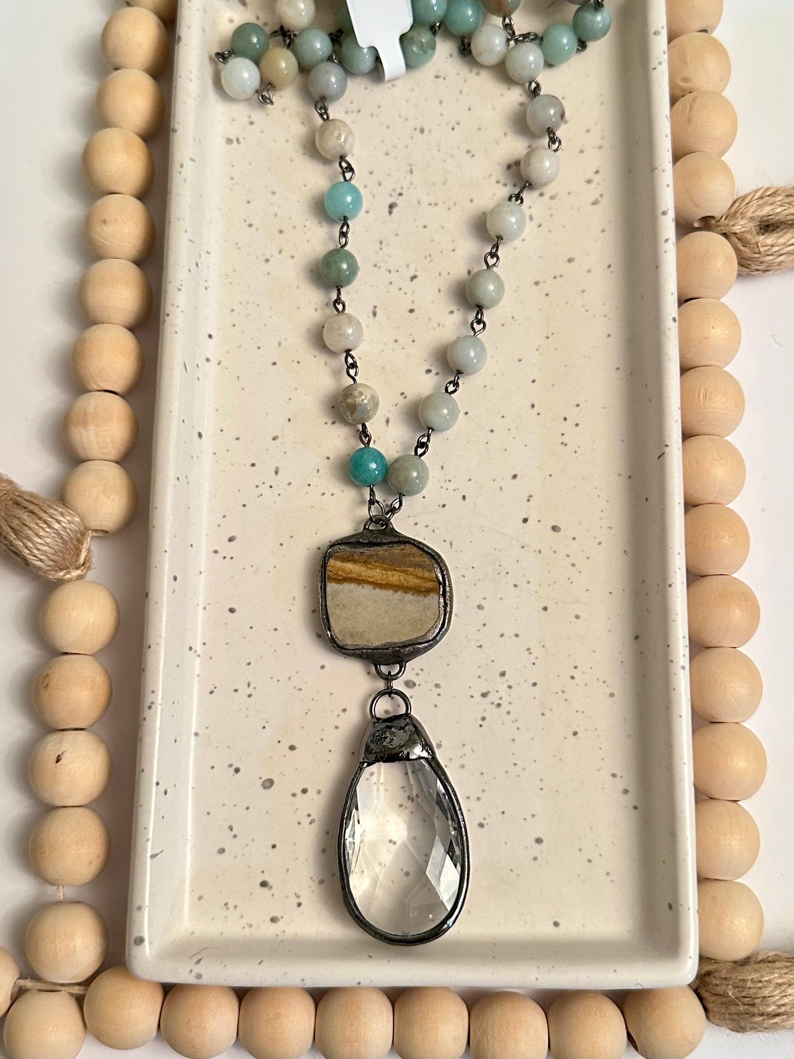 AMAZONITE & PICTURE JASPER LONG NECKLACE