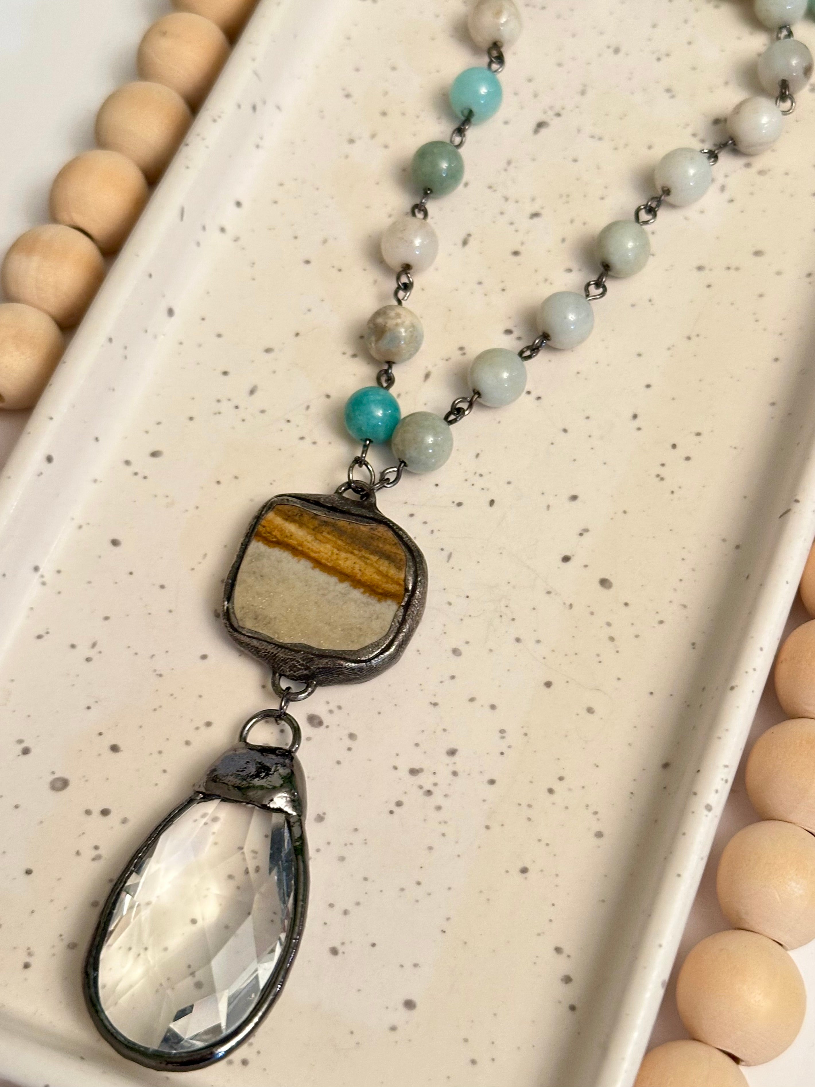 AMAZONITE & PICTURE JASPER LONG NECKLACE