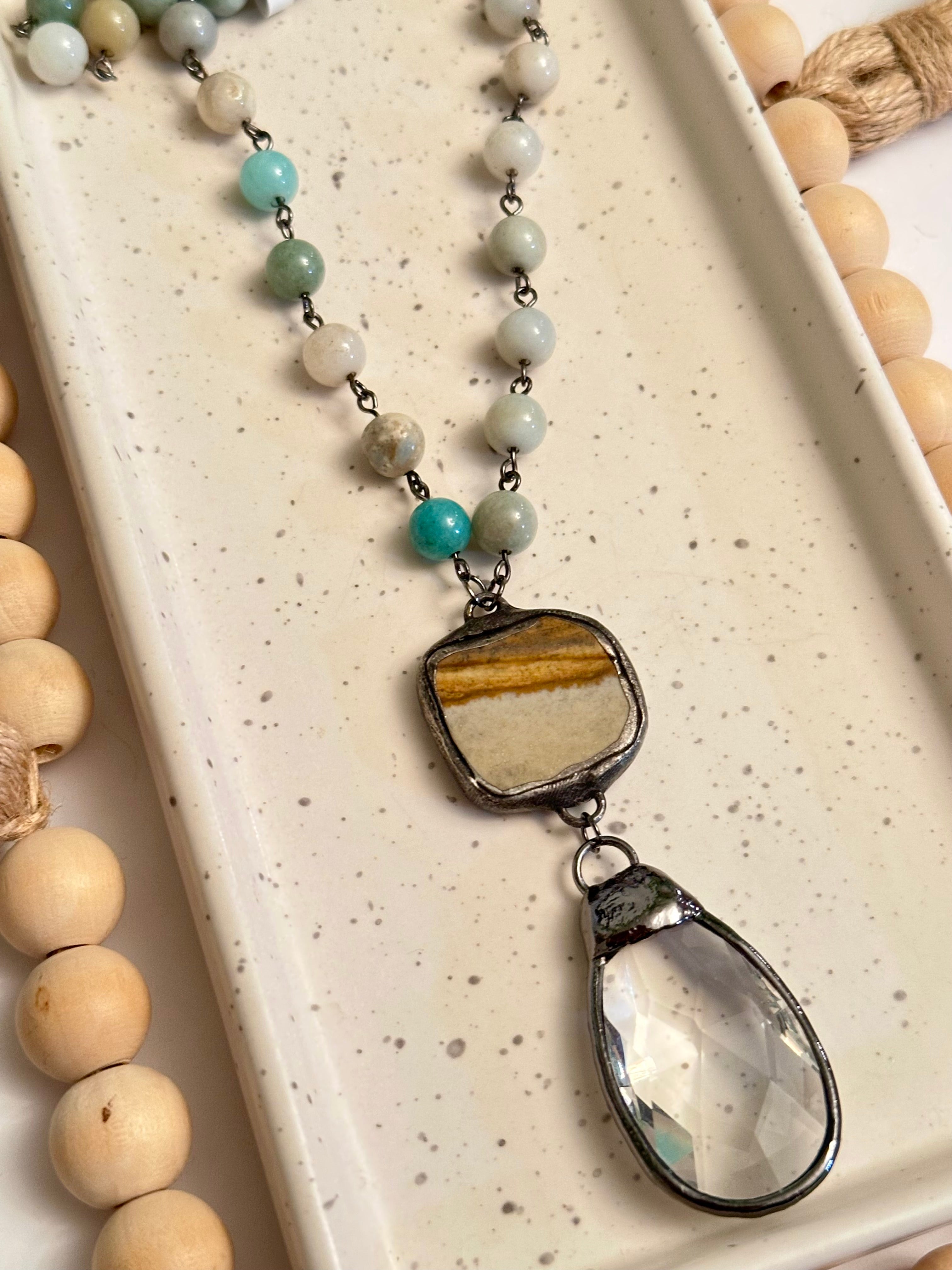 AMAZONITE & PICTURE JASPER LONG NECKLACE