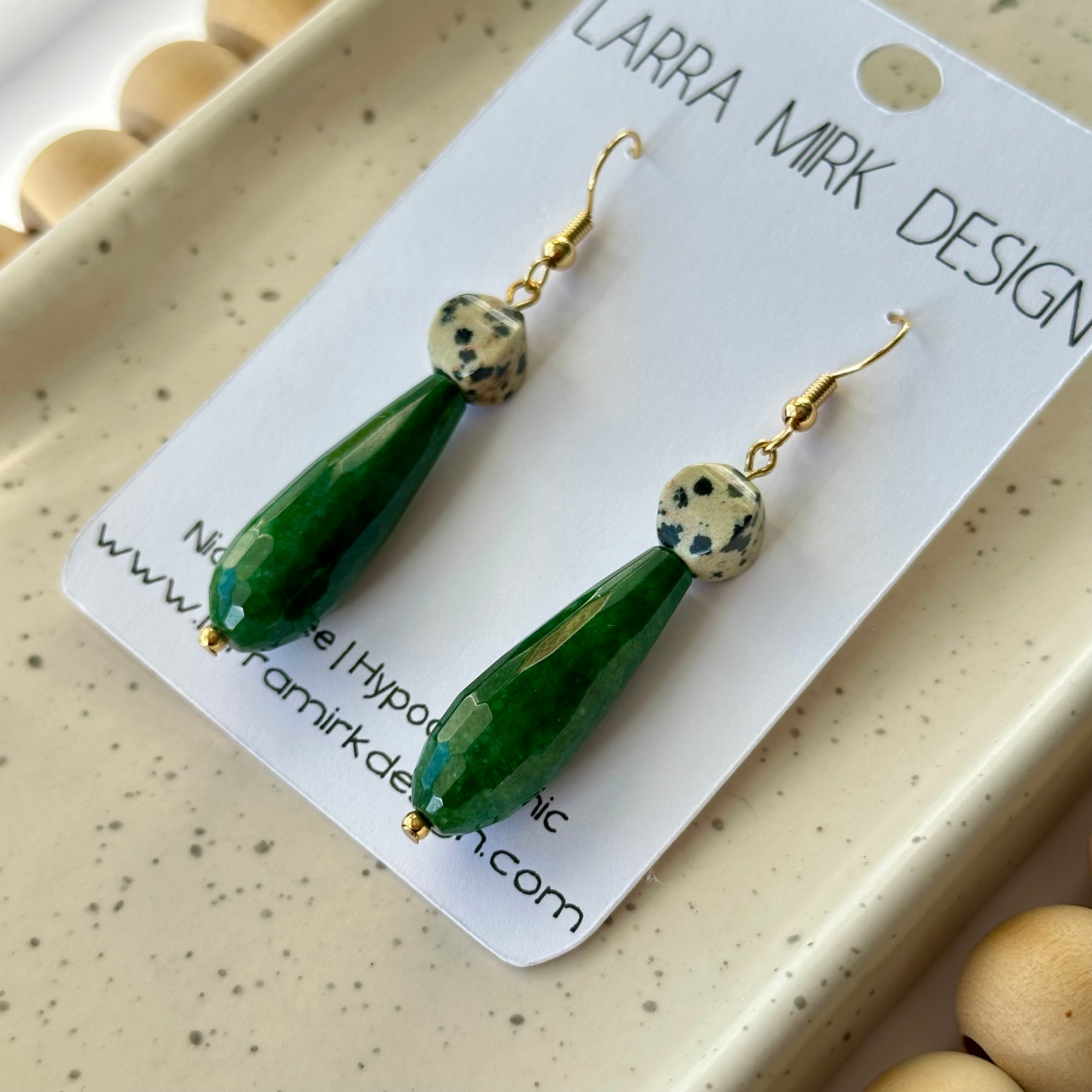 DALMATIAN JASPER AND RICH GREEN DANGLE EARRINGS