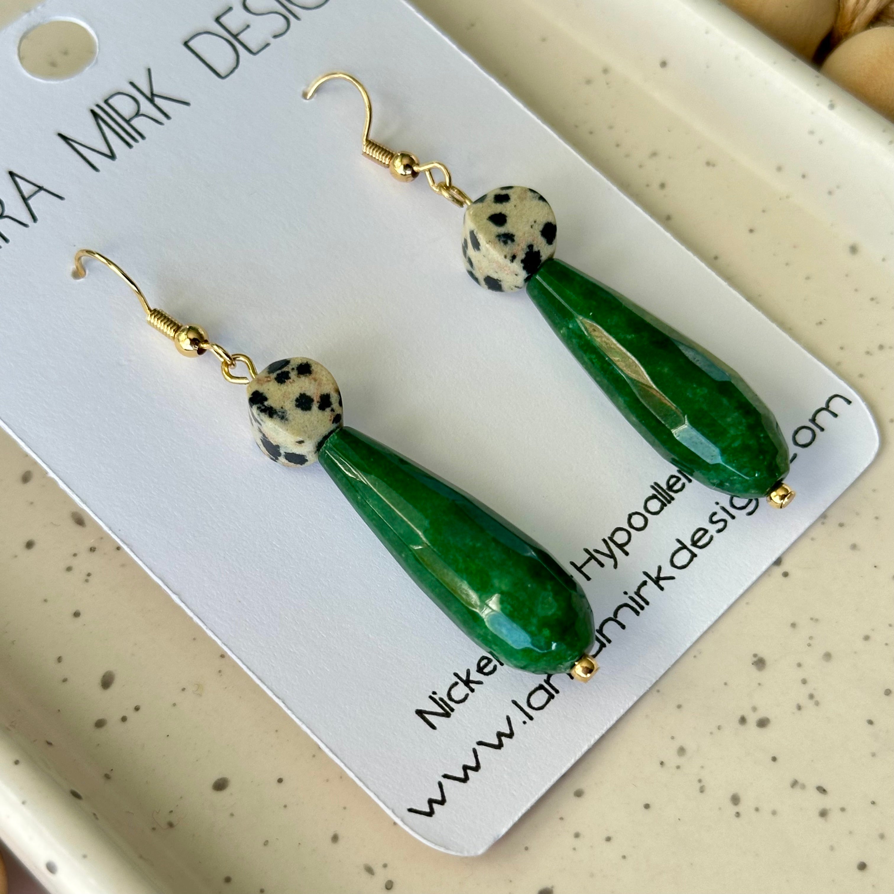 DALMATIAN JASPER AND RICH GREEN DANGLE EARRINGS