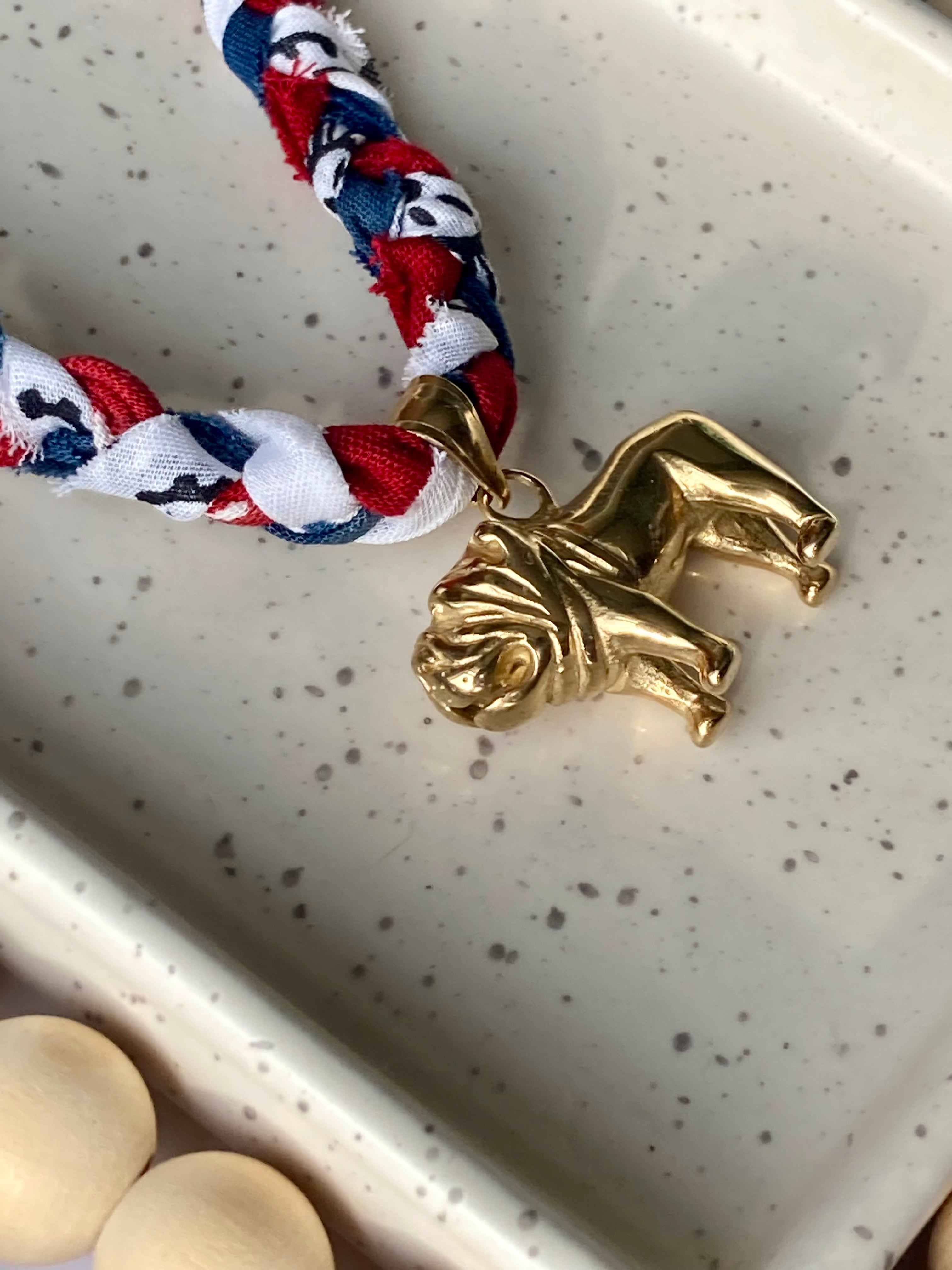 Bandana Charm Necklace | Braided| Solid Brass Bulldog